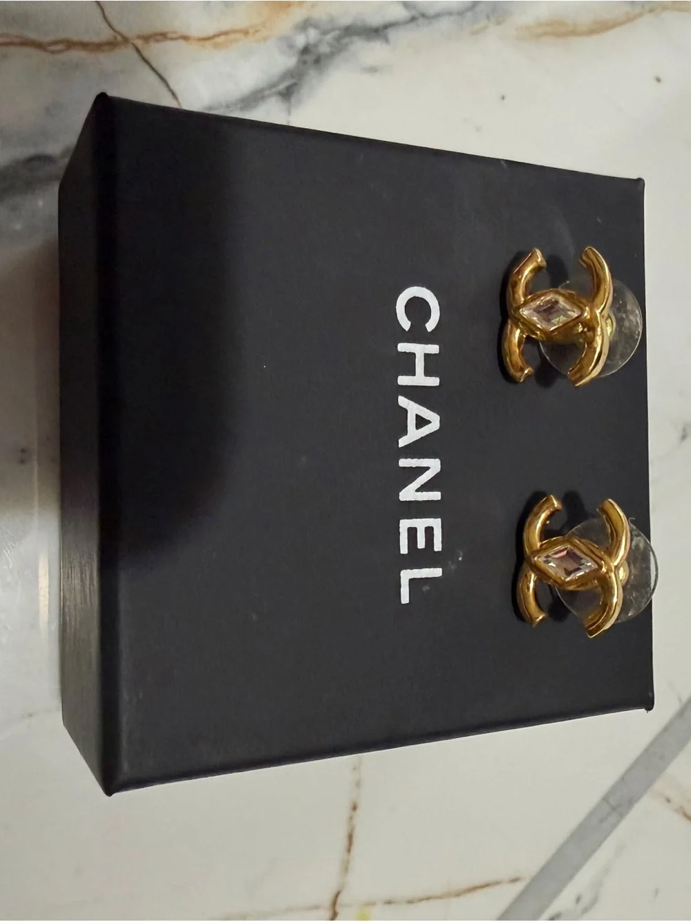 CHANEL Gold CC Logo Earrings with Clear Marquise Crystals